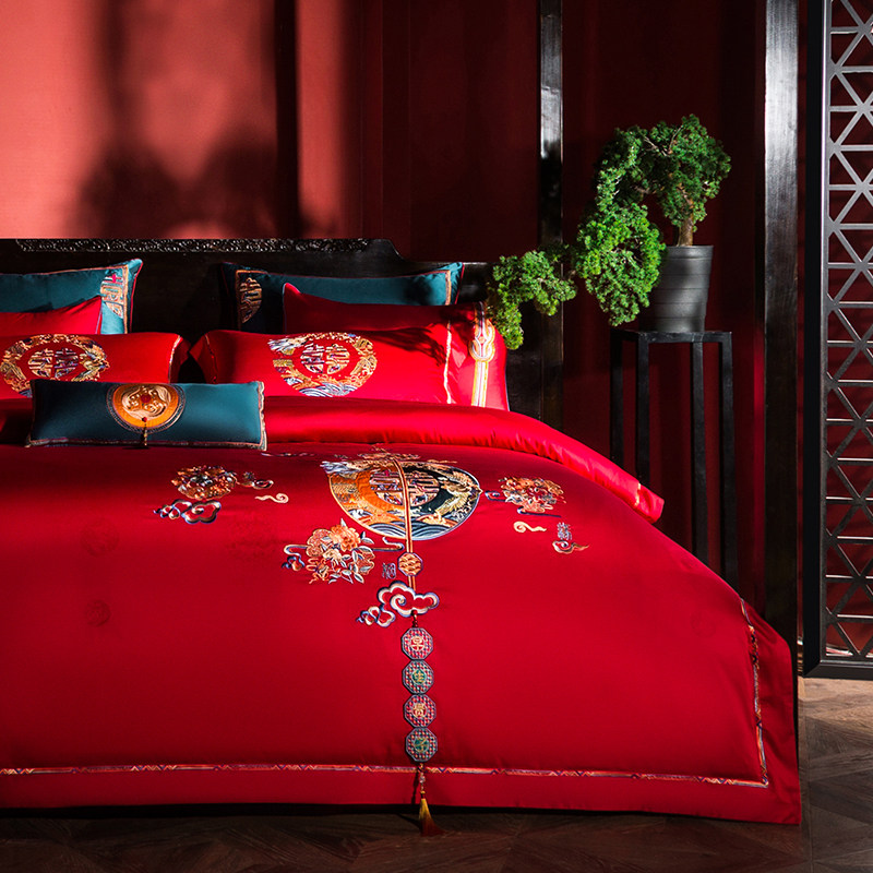 奢华婚礼喜被婚嫁系列纯棉结婚四件套 红色床单被套婚庆床上用品