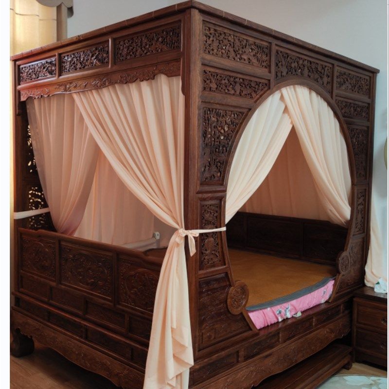 月影纱中式古典单双月架子床仿古拔步床四柱床蚊帐床幔防蚊装饰