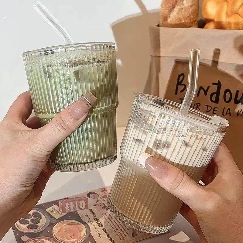 ins风竖条纹玻璃咖啡杯带盖吸管高颜值夏天牛奶杯子家用饮料水杯