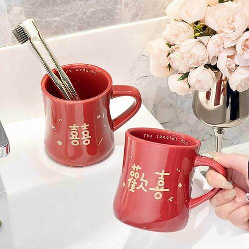 结婚洗漱杯陶瓷红色漱口杯子新婚礼物陪嫁牙刷杯情侣牙杯一对套装