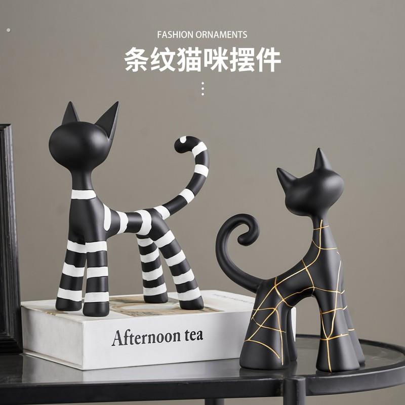 轻奢风条纹猫咪摆件树脂桌面装饰品客厅极简手绘套装