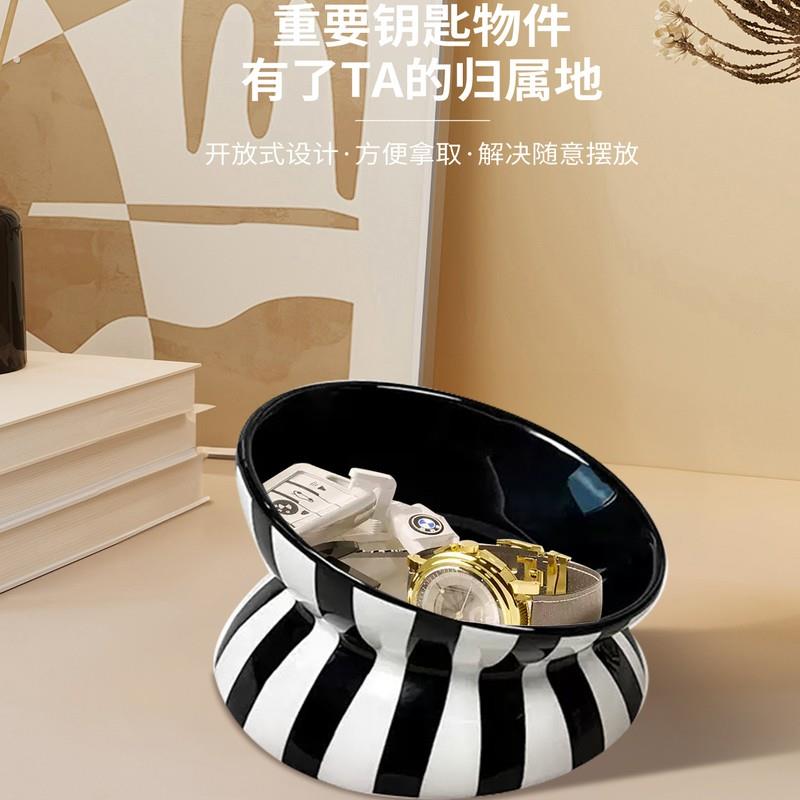黑白条纹陶瓷收纳碗大容量开放式设计家居装饰摆件