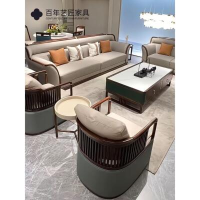 新中式乌木实木现代简约沙发组合典雅易接近豪华层牛皮客厅锭沙发