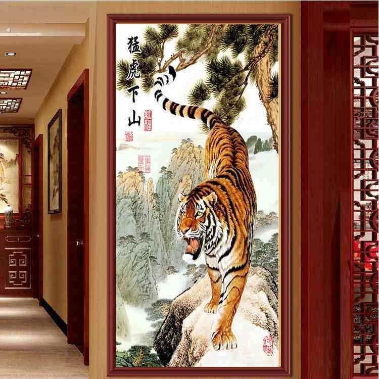 2023新款点钻石画中国风老虎猛虎下山玄关竖版满钻粘钻贴钻十字绣