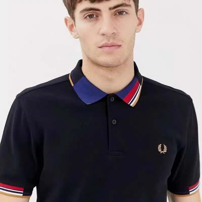 2024热销派瑞FP麦穗黑色商务男士修身polo衫流行拼花纯棉短袖t恤