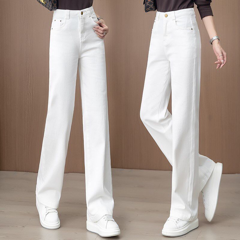 白色宽松牛仔直筒裤女春夏2025新款高腰显瘦休闲垂感窄版阔腿长裤