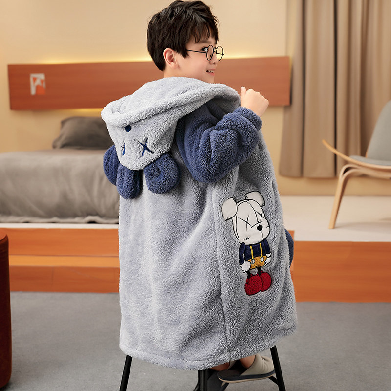 儿童珊瑚绒睡衣男童秋冬男孩中大童法兰绒睡袍冬季加厚款加绒长版