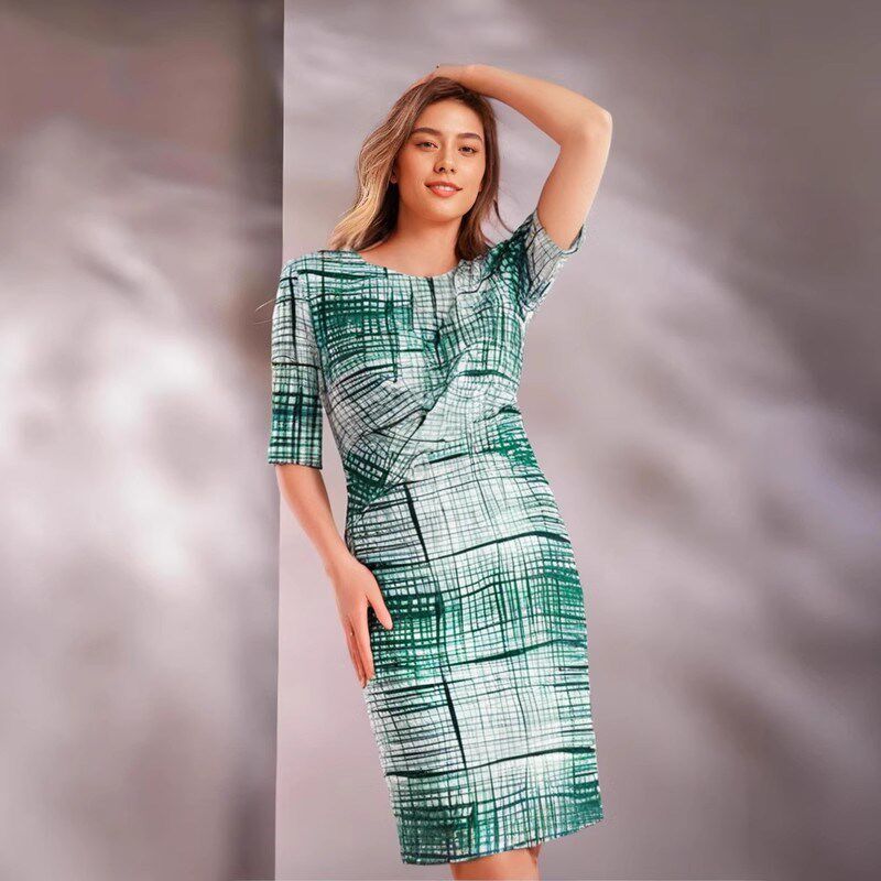 无袖背心绿色春秋款修身褶皱包臀一步长袖连衣裙秋冬大码女装新款