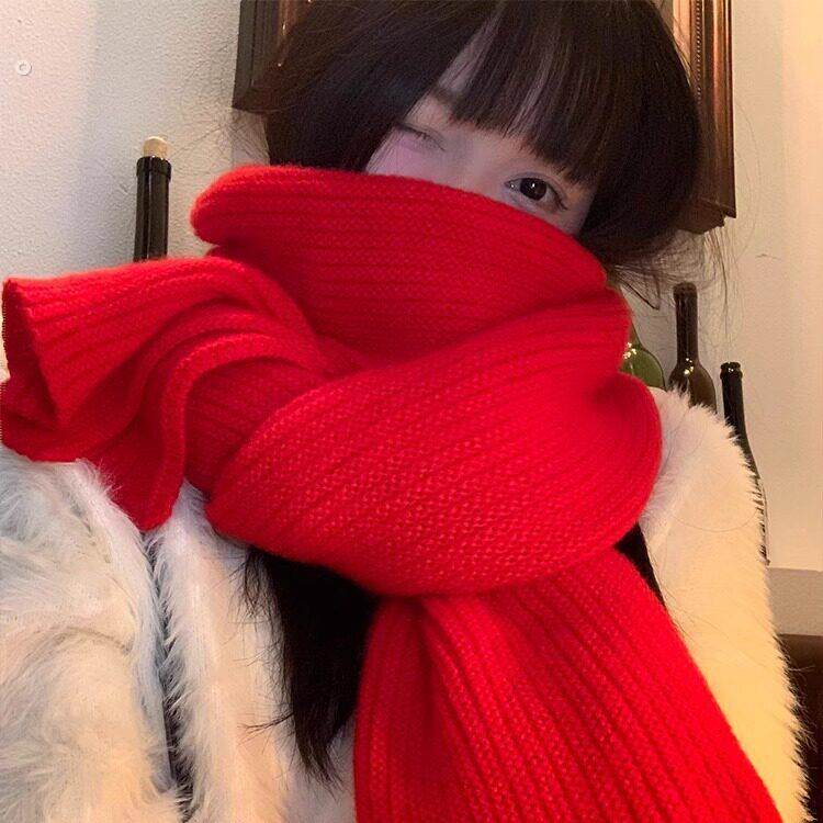 新年过年红色针织毛线围巾女冬季韩版百搭氛围感学生保暖围脖加厚