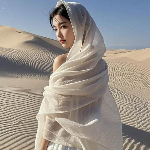 米白色围巾女茶卡盐湖沙漠旅游拍照出片丝巾覆古防晒超大西北纱巾