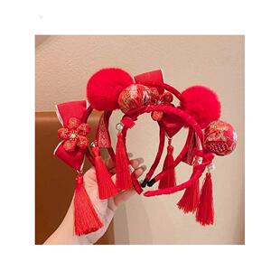 新年古风流苏中国风红色头饰周岁发箍唐装汉服配饰宝宝蝴蝶结喜庆
