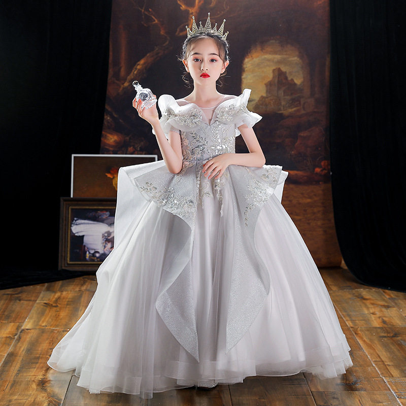 儿童礼服高端公主裙女童钢琴演出拖尾洋气主持人晚礼模特走秀灰色