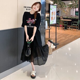 大码仙气连衣裙胖mm巨显瘦遮肚子雪纺拼接长裙纯棉夏装短袖t恤裙