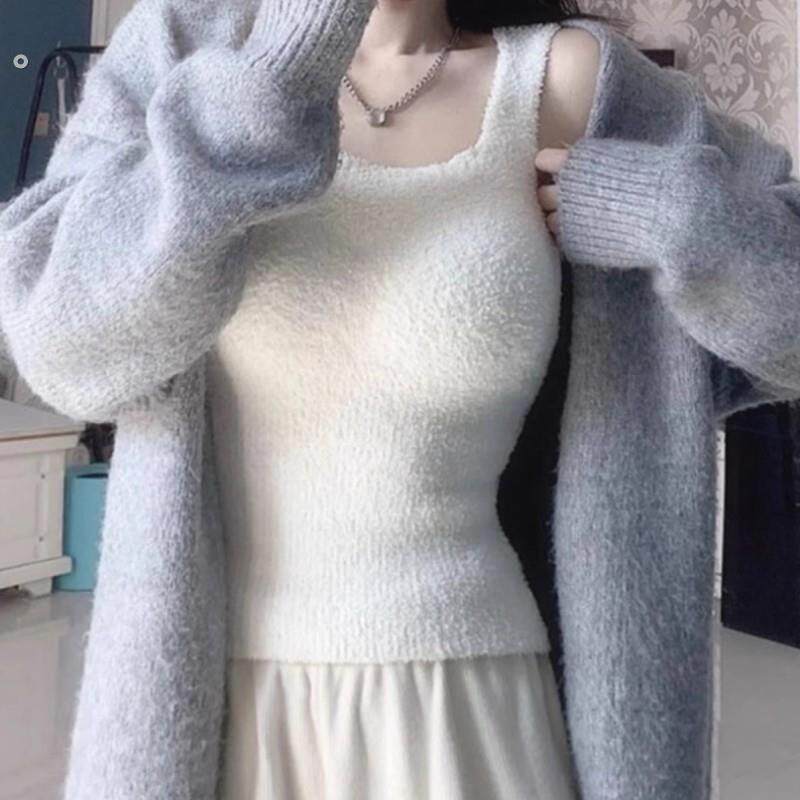 毛绒保暖内衣吊带背心女冬季加绒加厚内搭带胸垫美一体绒打底上衣