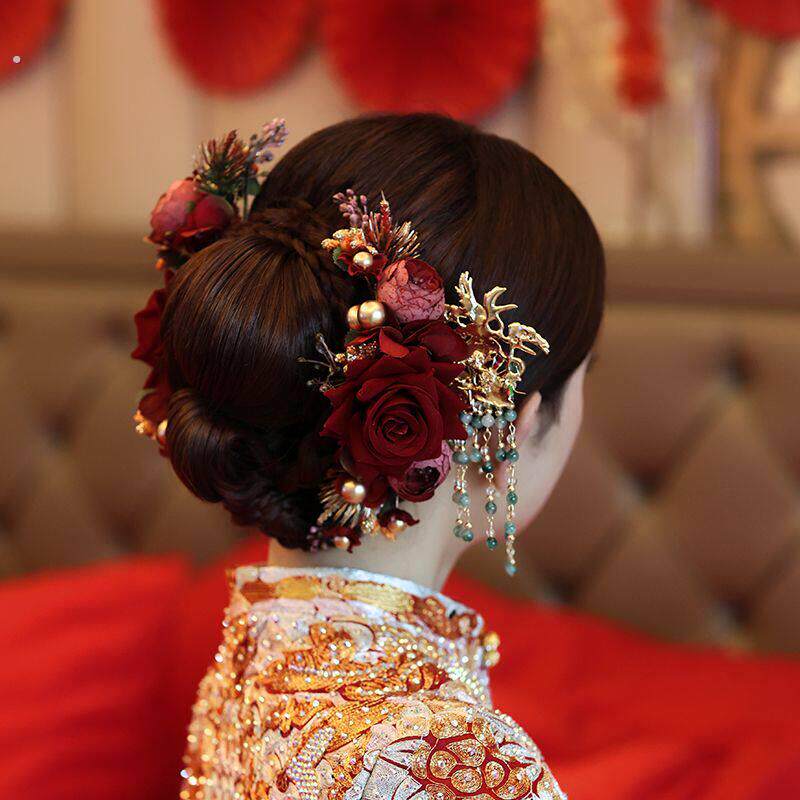 新中式头饰新娘古装头饰结婚中式婚服秀禾头饰红色复古秀发饰