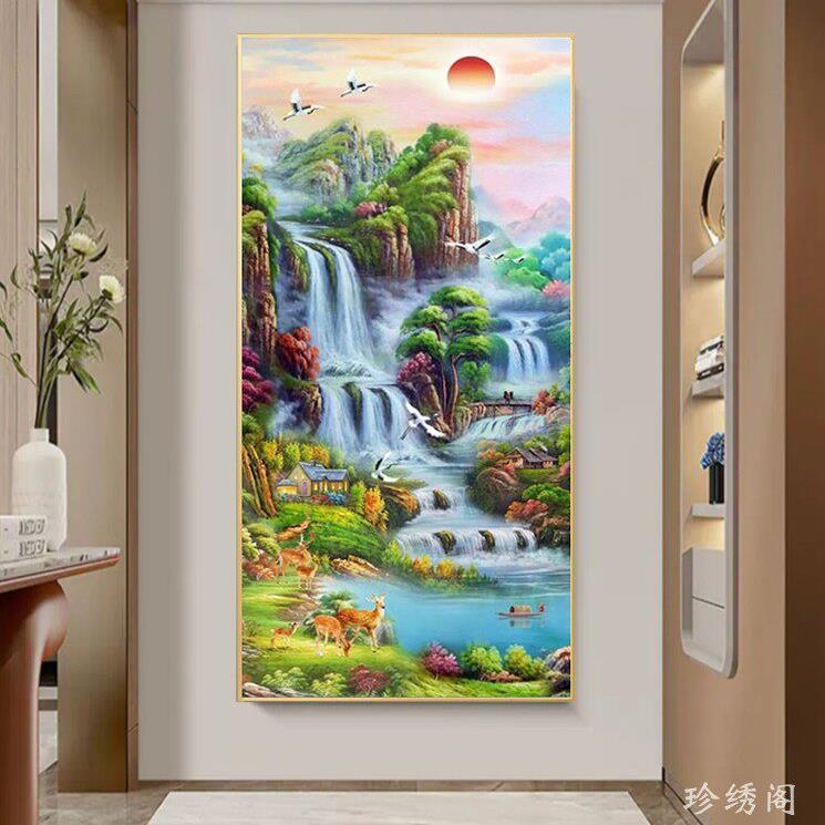 走廊过道钻石画2026新款玄关竖版粘砖满贴钻画十字绣高山流水生财