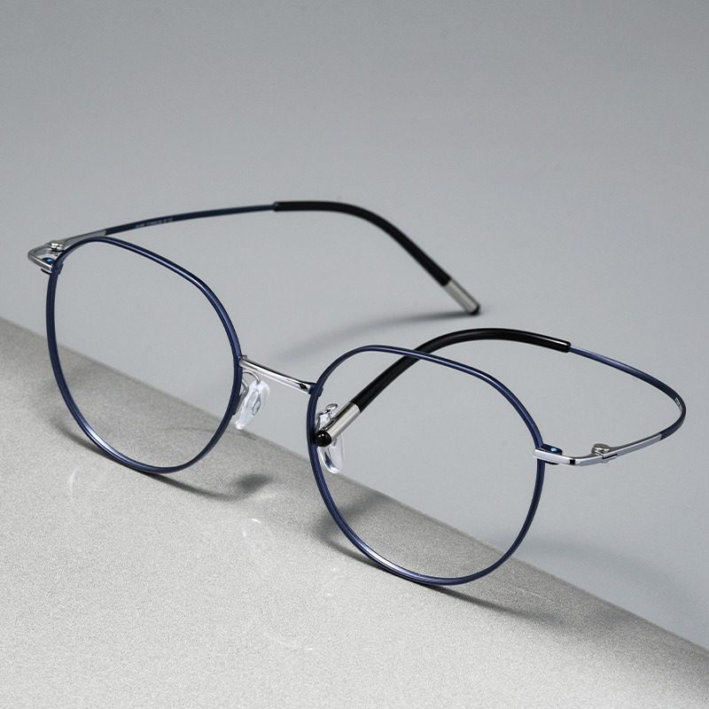 日系复古圆框眼镜架男女超轻金属细框深蓝色近视镜框韩版纯钛