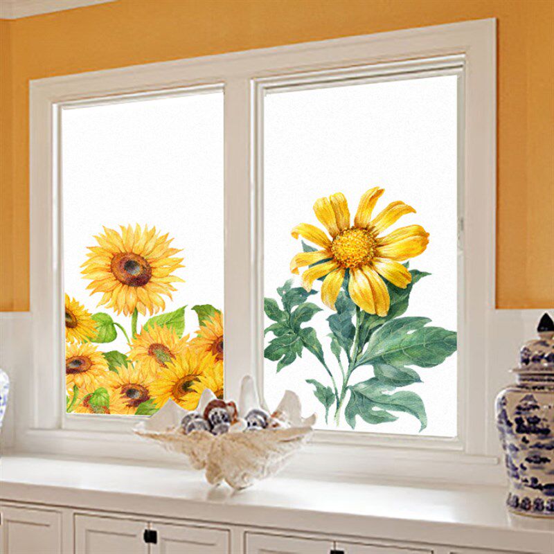 定制办公室卫生间浴室窗户向日葵玻璃贴膜静电磨砂透光不透明贴花