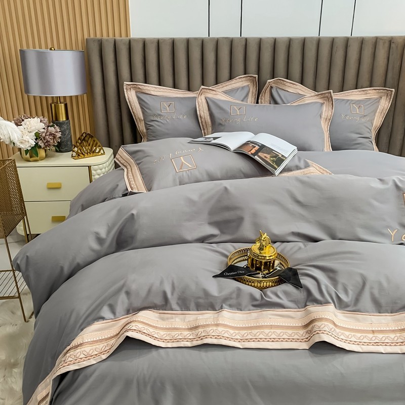 欧式轻奢风酒店四件套全棉纯棉床单纯色简约刺绣被套床笠床上用品