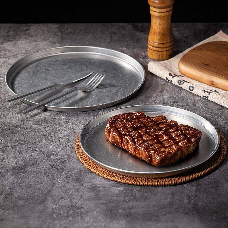 覆古工业风做旧不锈钢圆盘水果甜品盘咖啡厅托 托盘烤肉盘平底浅,餐饮具,盘,淘宝优惠券,粉丝福利购,淘宝优惠卷