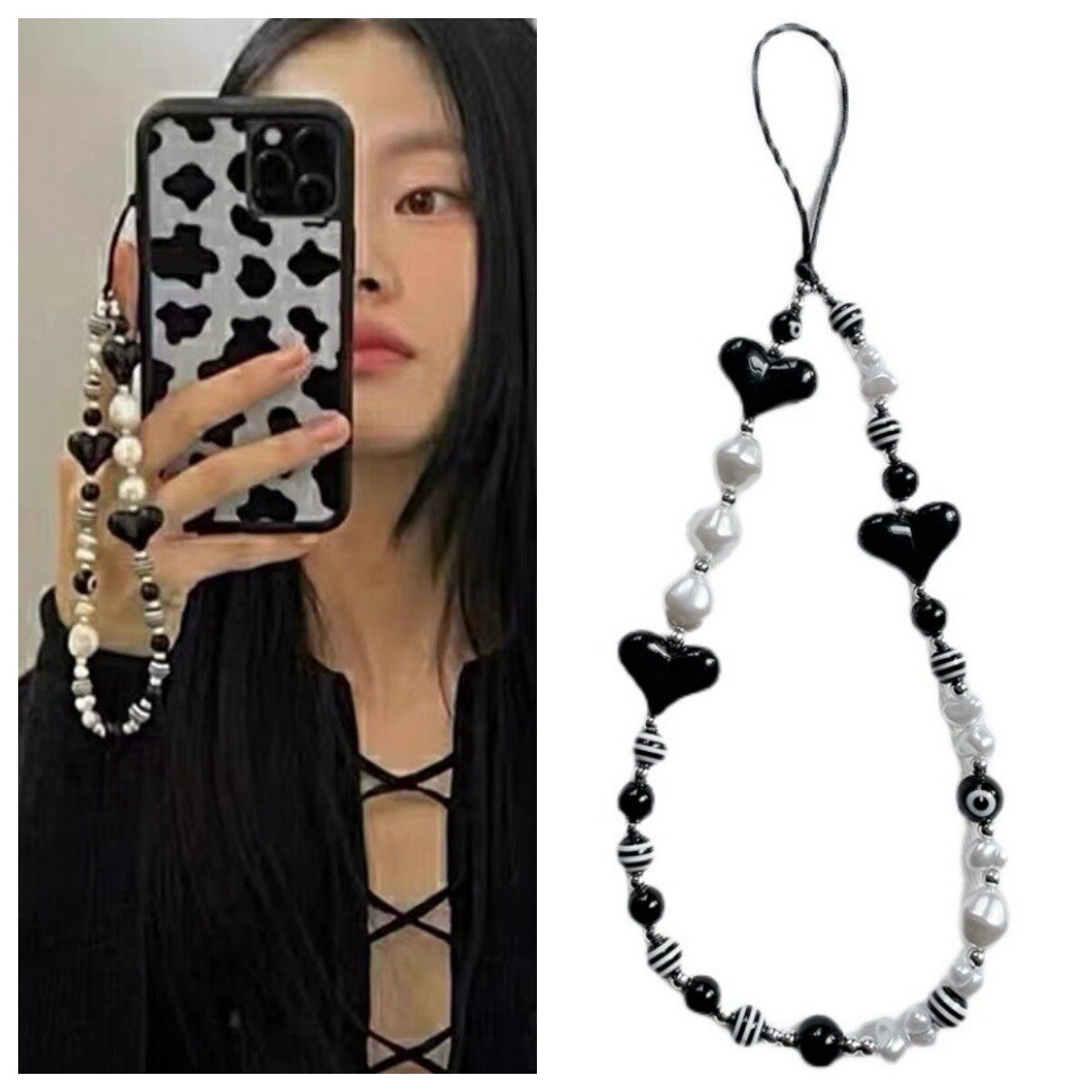 jennie金智妮朴彩英同款黑白珍珠爱心串珠链短款手腕手机壳挂件女