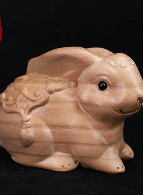 桃木兔子摆件木雕实木质大小号一对办公室客厅生肖汽车可爱工艺品