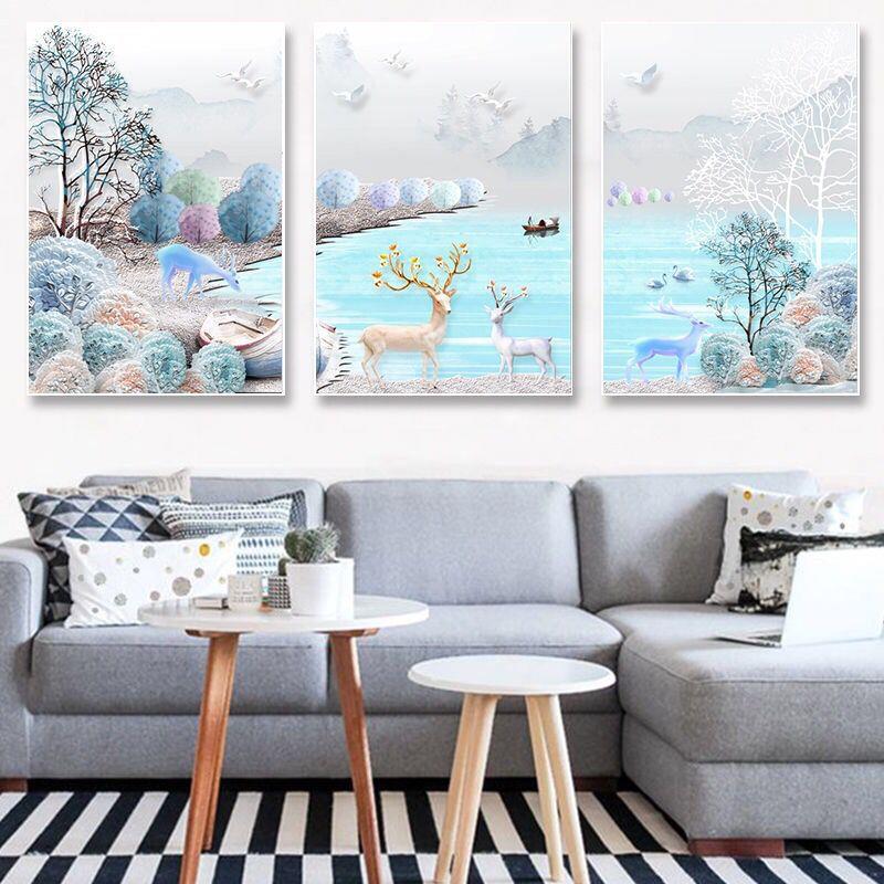 钻石画满钻鹿孔雀三联画2025新款点贴钻十字绣钻石绣客厅现代简约