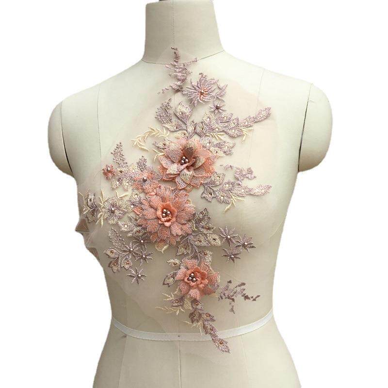 马卡龙色系钉珠烫钻立体蕾丝花贴婚纱礼服童装表演舞台服装辅料花