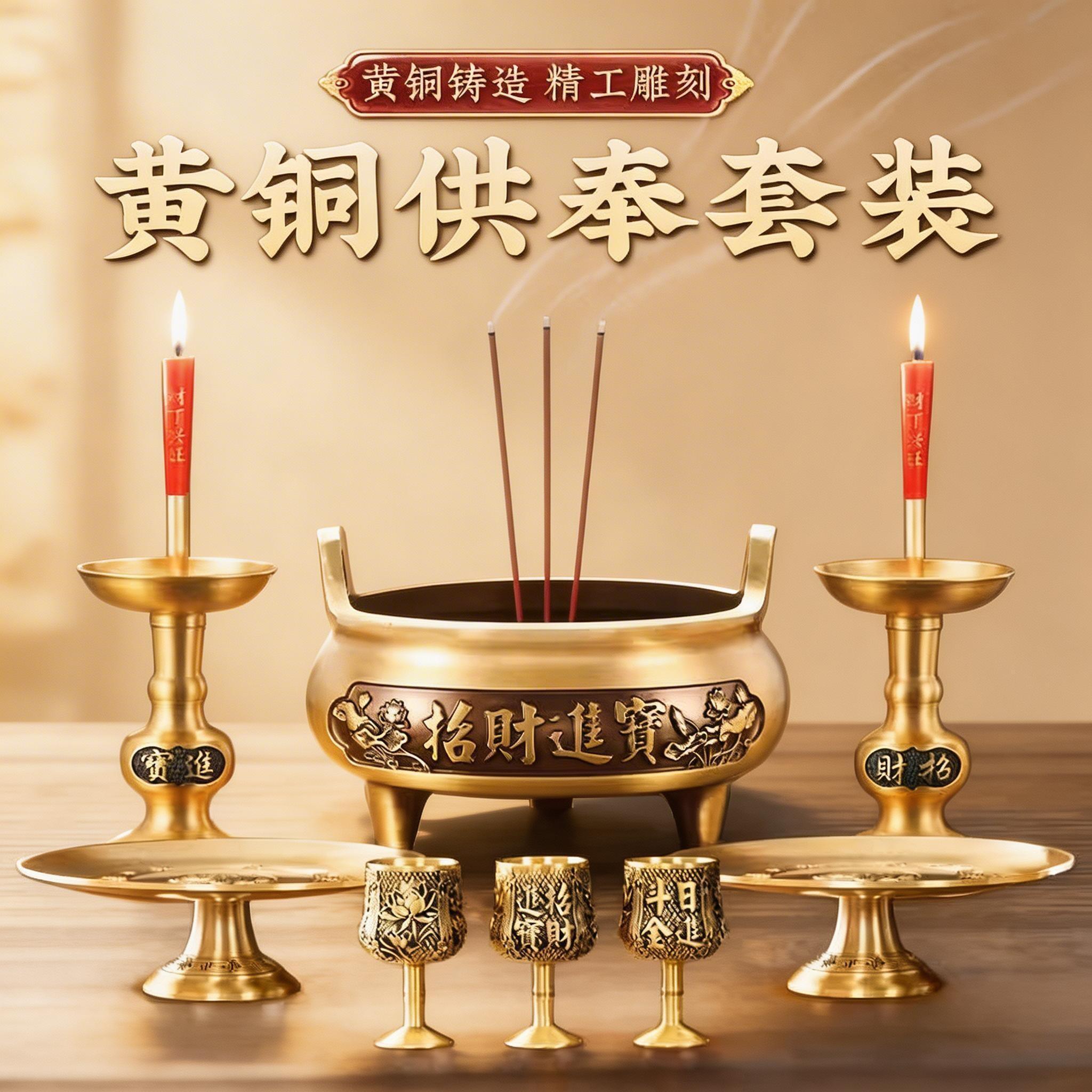 黄铜香炉供奉套装招财进宝财神佛像纯铜果盘家用室内上香烛台佛具