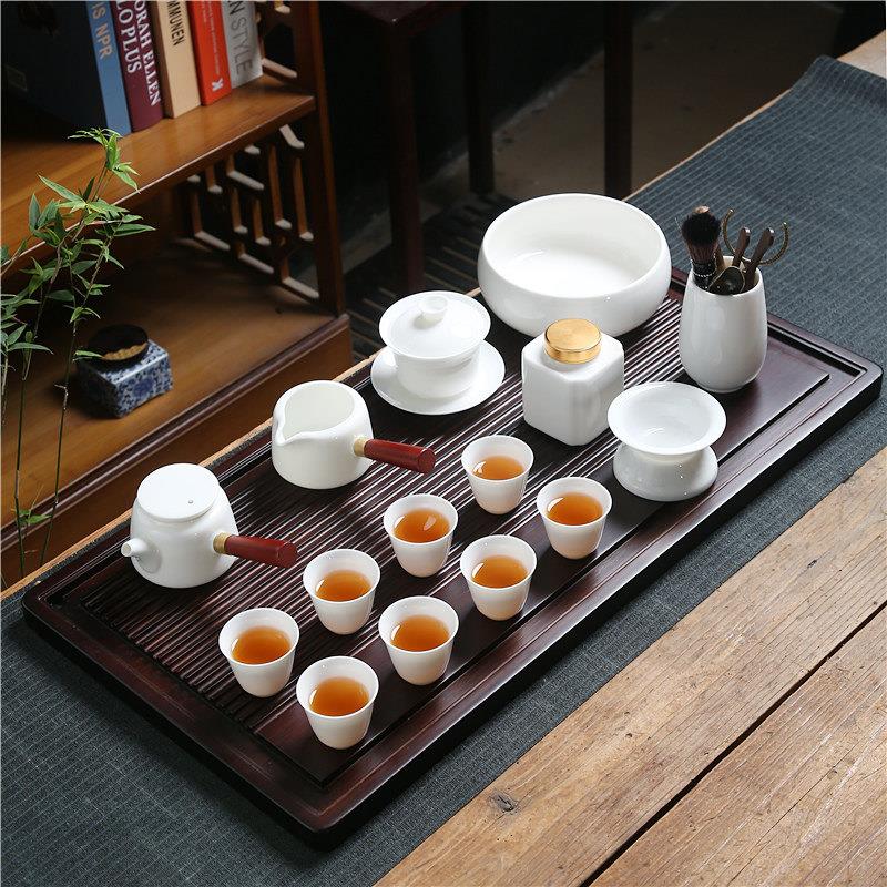 德化羊脂玉白瓷功夫茶具套装家用陶瓷简约盖碗杯侧把茶壶茶道茶盘