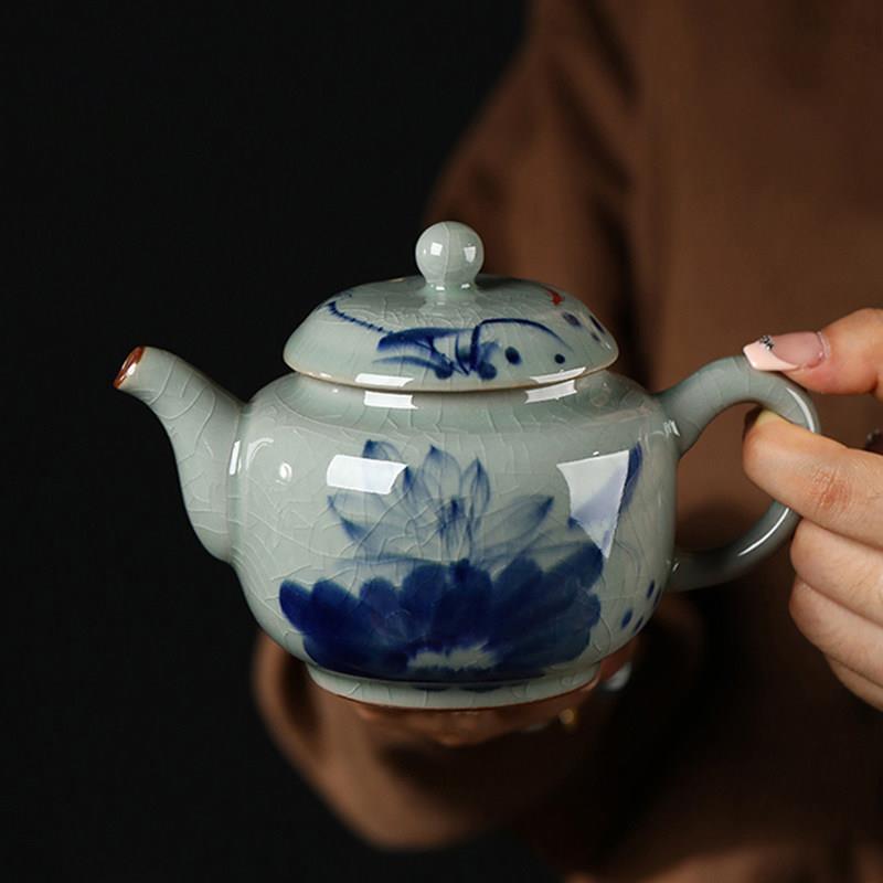 景德镇手绘青花荷韵茶壶老陶泥复古功夫泡茶壶中式开片冰裂釉茶具