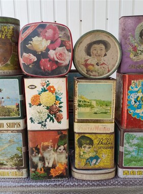 老物件摆件老旧绘画铁盒子饼干盒茶叶盒复古怀旧收藏展览摄影道具