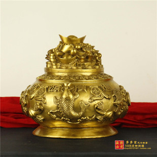 铜带盖聚宝盆摆件五路财神聚宝盆大号家居客厅办公室店铺装饰品