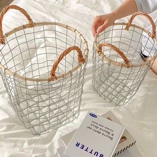 美式复古铁艺收纳筐藤条铁丝编织储物筐简约手工网格手提收纳篮