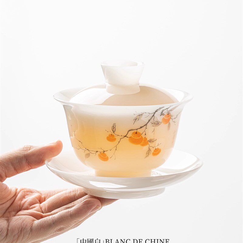 柿柿如意冰种璞玉瓷盖碗茶杯单个高端三才泡茶碗悬停羊脂玉茶杯具
