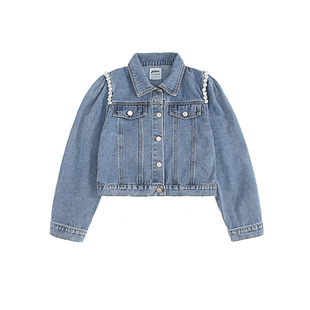女童2023春秋款新款珍珠牛仔外套儿童洋气复古港风休闲夹克牛仔衣