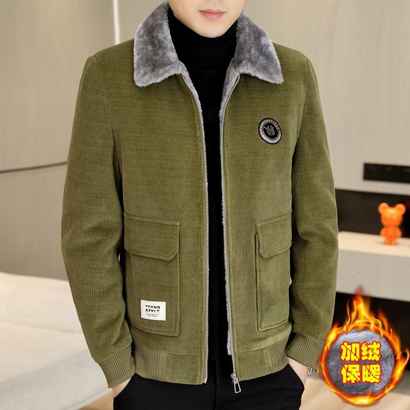 加绒保暖冬装外套男士时尚加厚夹克轻熟风男装呢子翻领工装上衣服