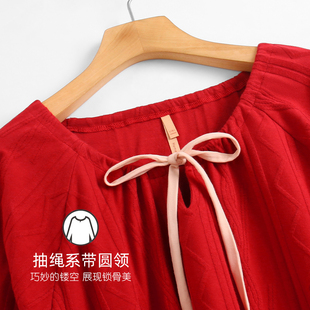 家乐芬睡裙女士睡衣春秋季秋款纯棉长袖长款连衣裙子本命年大红色