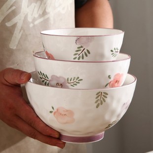 日式紫薰花汤碗大号家用陶瓷吃面碗个性学生专用圆碗盛汤大碗汤勺