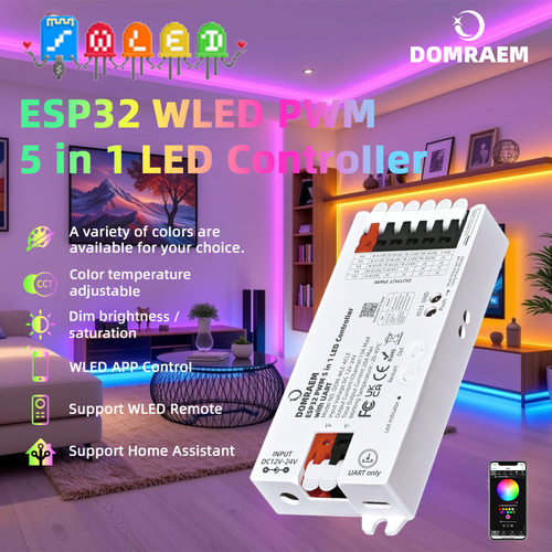 DOMRAEM ESP32 PWM五合一控制器带UART WLED APP控制DC12-24V 20A