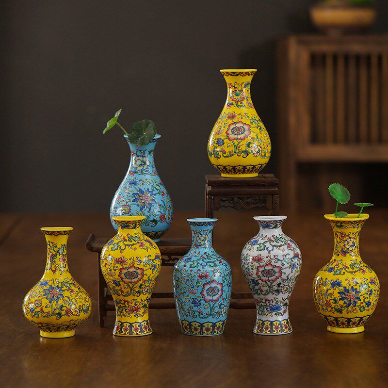花瓶小口陶瓷珐琅彩瓶迷你养水培复古花插壁插挂插摆件茶道小花器