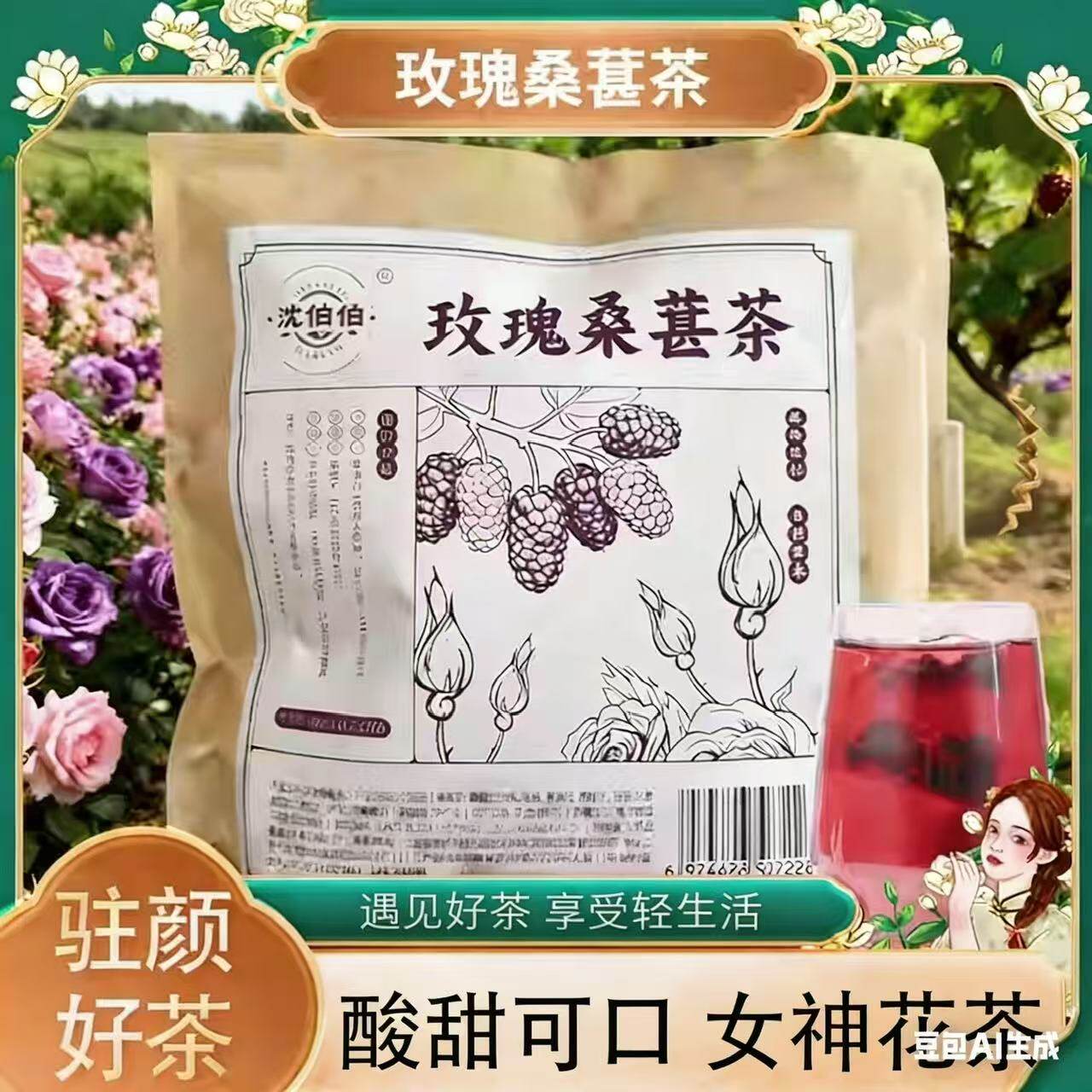重瓣红玫瑰桑葚黑枸杞花茶养生花茶包优级泡水喝105g（15g*7包）