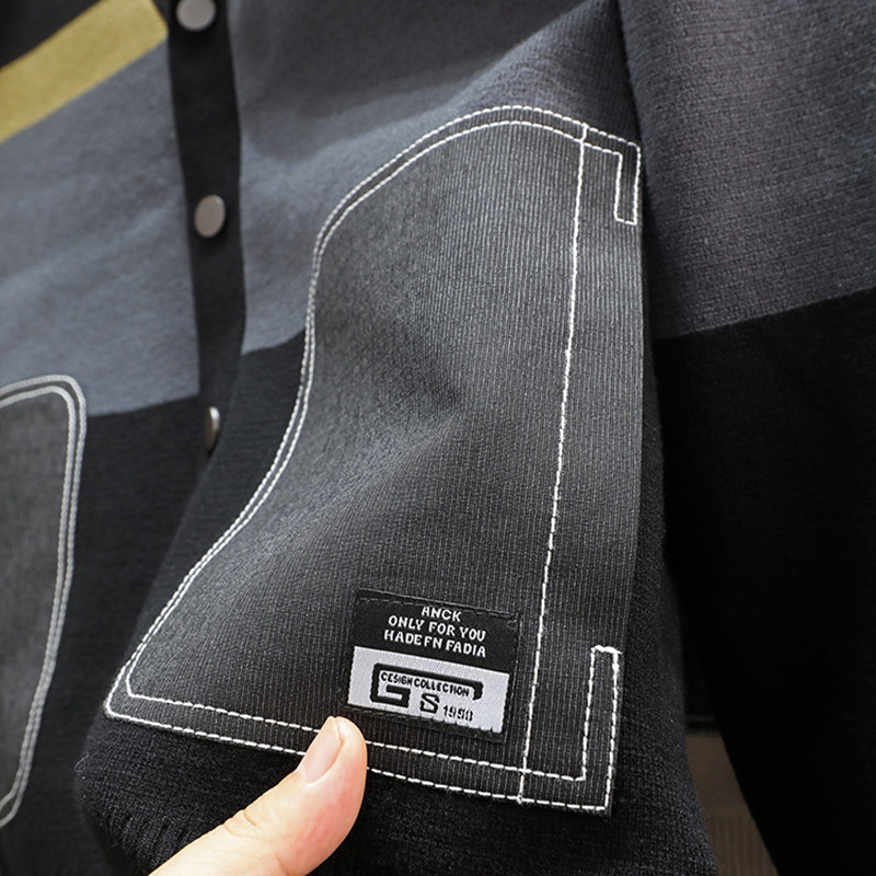 不起球~高级感开衫男针织衫V领布贴条纹春秋季男士毛衣外套外搭潮