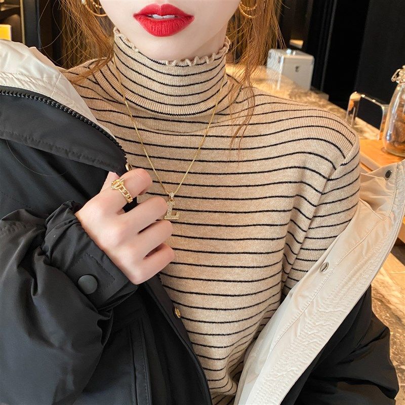 条纹半高领木耳边打底衫女秋冬2021新款内搭针织毛衣百搭洋气上衣,女装/女士精品,毛针织衫,淘宝优惠券,粉丝福利购,淘宝优惠卷