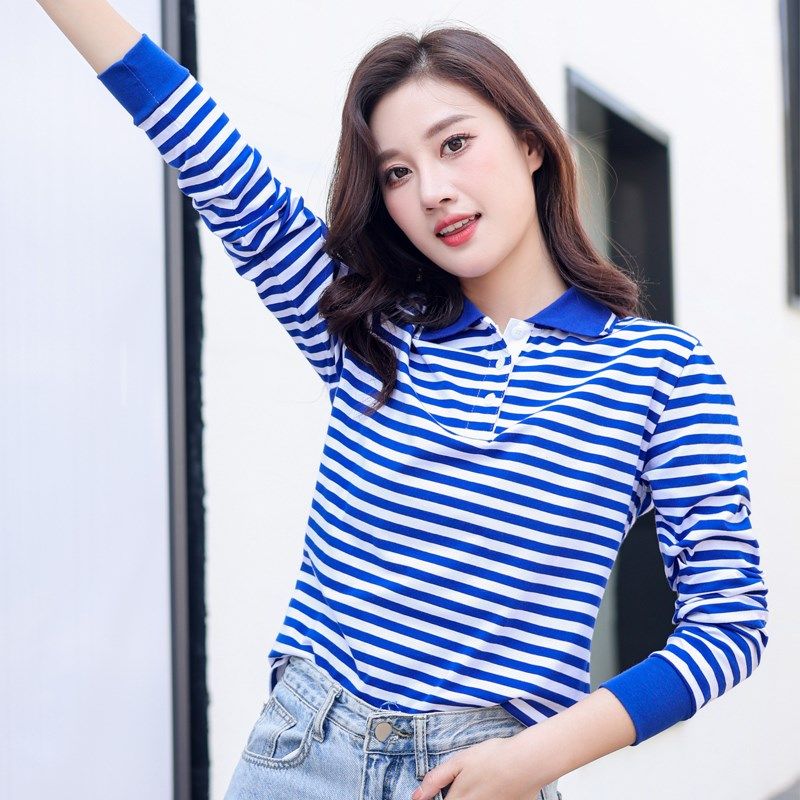 海魂衫女士翻领Polo衫长袖T恤定制工作服蓝白色条纹中老年妈妈装,女装/女士精品,POLO衫,淘宝优惠券,粉丝福利购,淘宝优惠卷