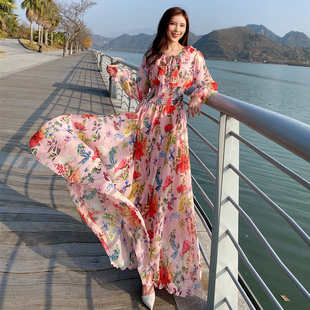 碎花雪纺连衣裙女荷叶领长袖大码收腰显瘦度假大摆超长及踝长裙仙
