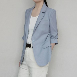 七分袖雾霾蓝小西装外套女士2025春夏高级感垂感空调西服修身显瘦