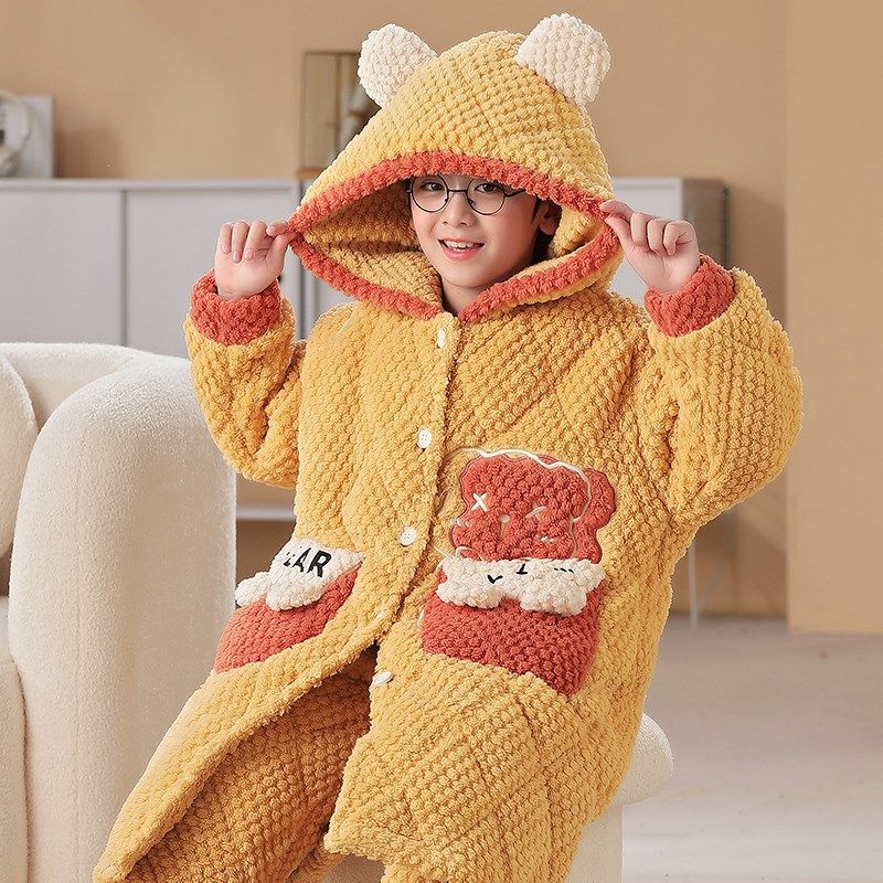 儿童三层夹棉睡衣冬季加厚冬款男童珊瑚绒男孩加绒长款睡袍家居服