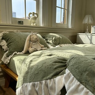 欧式加厚花边款牛奶雕花绒远山绿四件套1.5m1.8米保暖秋冬法兰绒