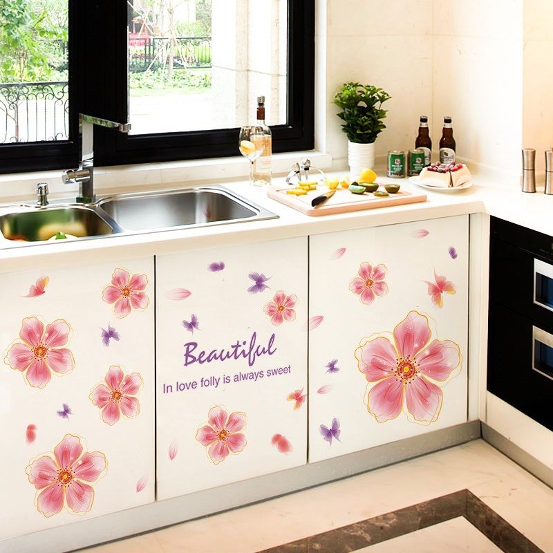温馨墙纸自粘浪漫花朵橱柜墙贴纸厨房冰箱玻璃门柜子装饰墙壁贴画,家居饰品,衣柜贴,淘宝优惠券,粉丝福利购,淘宝优惠卷
